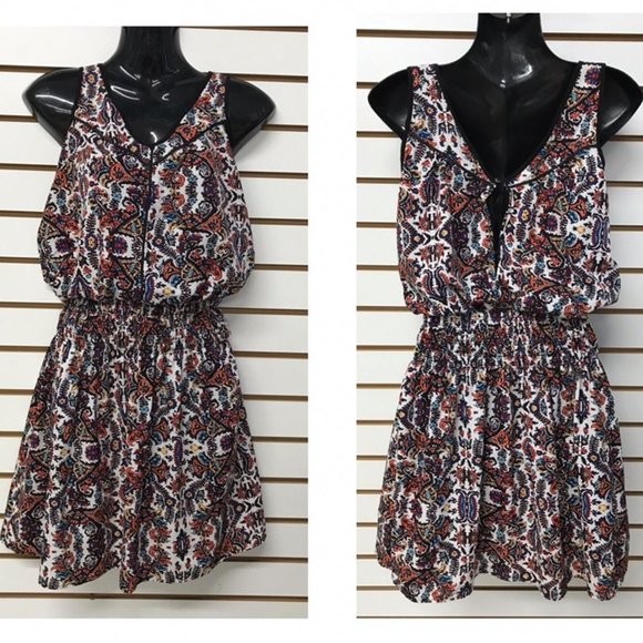 Dex Smocked Waist Festival Print Chiffon Mini Dress with Faux Leather Trim - Picture 1 of 4